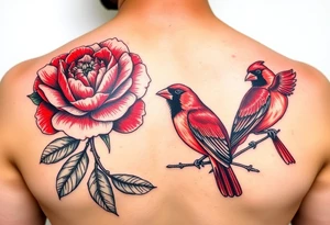 peony flowers with bold coloring highlighting reds and whites; and a feminine but boldly colored male and female cardinal birds tattoo idea