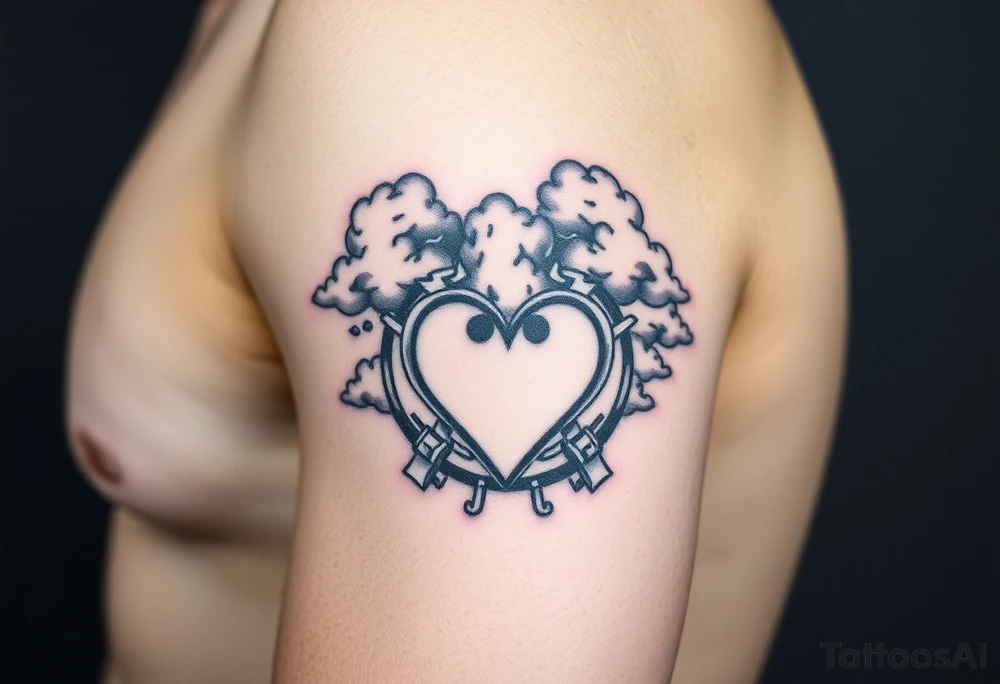 Caution tape with clouds around it, with chrome heart crosses logo tattoo idea