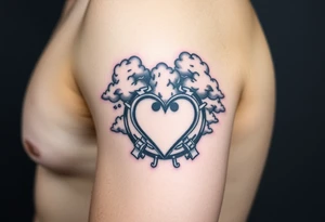 Caution tape with clouds around it, with chrome heart crosses logo tattoo idea