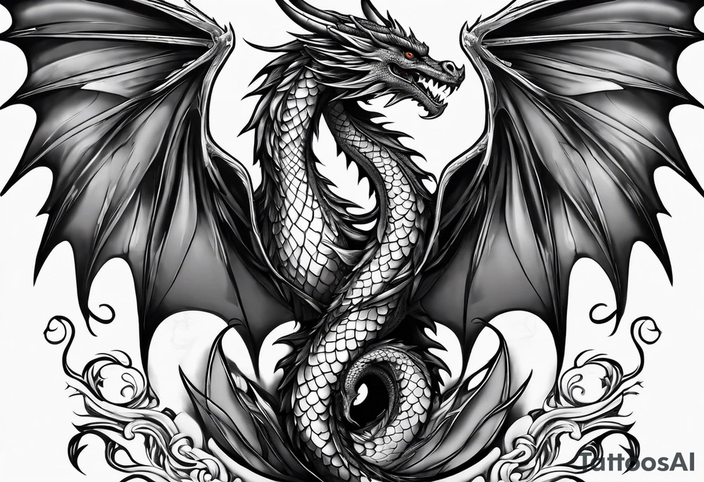 Mother dragon wings spread with 3 baby dragons tattoo idea