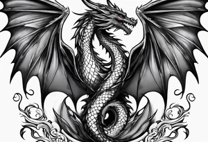 Mother dragon wings spread with 3 baby dragons tattoo idea
