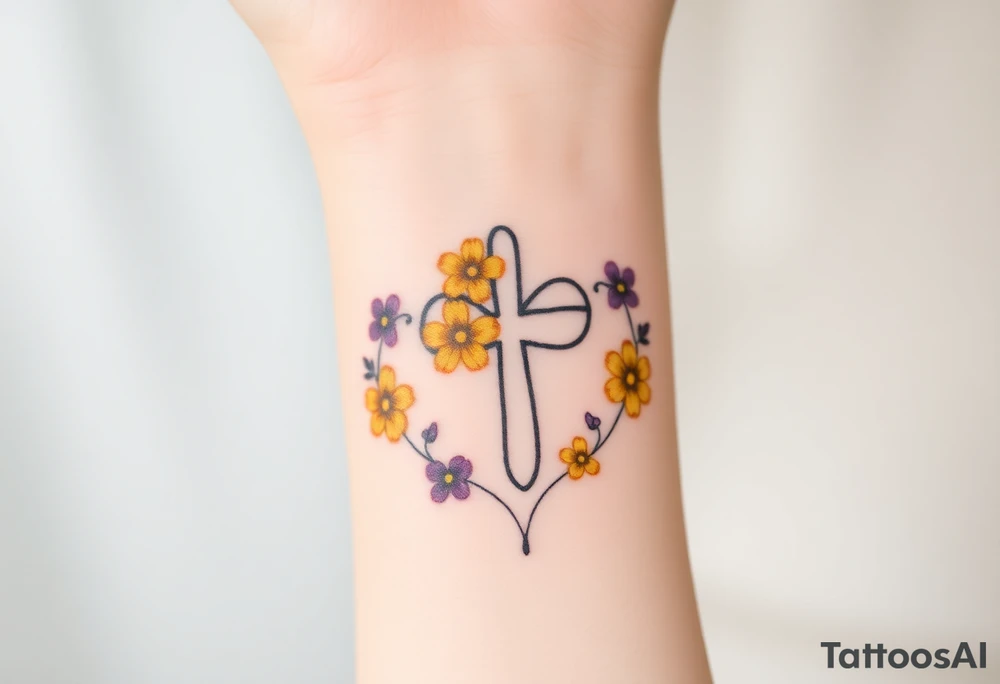 Yellow daisy Purple Hearts around a cross tattoo idea