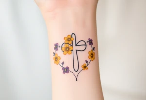 Yellow daisy Purple Hearts around a cross tattoo idea