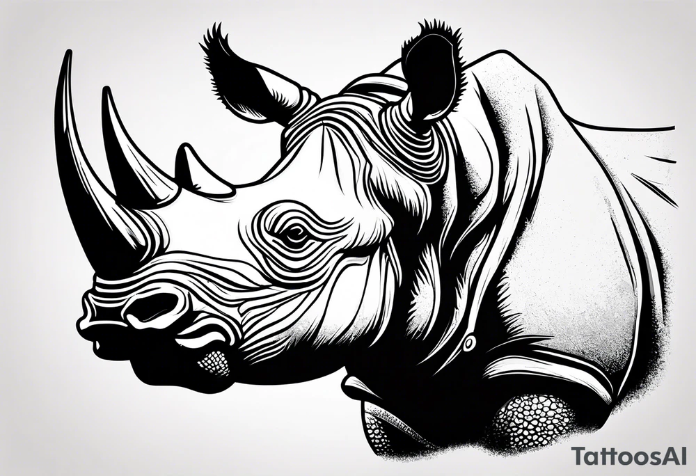 A rhino head with a dark attitude, and a sharp elongated tusk. tattoo idea