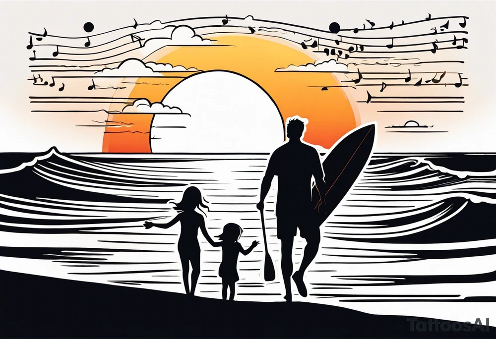 Black and white Line work tattoo depicting a father surfing in the sunset, and sharing his surfboard with one daughter on his shoulders and another daughter holding his hand. The sunset has musical notes. tattoo idea