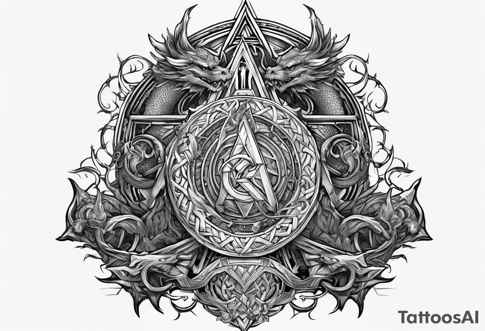 Valhalla sword shield dragon axe stairs Valknut barbed wire chains valknut fire tattoo idea Valhalla sword shield dragon axe stairs Valknut barbed wire chains valknut fire tattoo idea