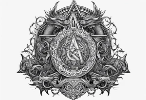 Valhalla sword shield dragon axe stairs Valknut barbed wire chains valknut fire tattoo idea