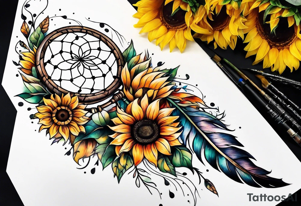 Dreamcatcher and sunflowers forearm sleeve tattoo idea
