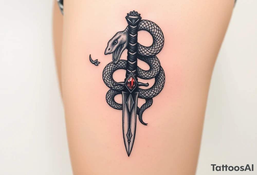 mystical snake coiled around an ancient dagger with jeweled hilt tattoo idea