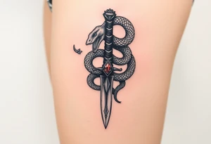 mystical snake coiled around an ancient dagger with jeweled hilt tattoo idea