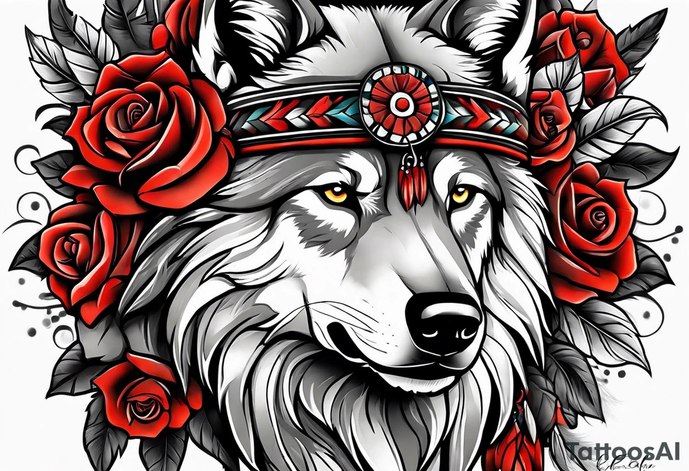 Native American wrapped in roses with a wolf pelt tattoo idea