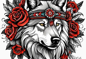 Native American wrapped in roses with a wolf pelt tattoo idea