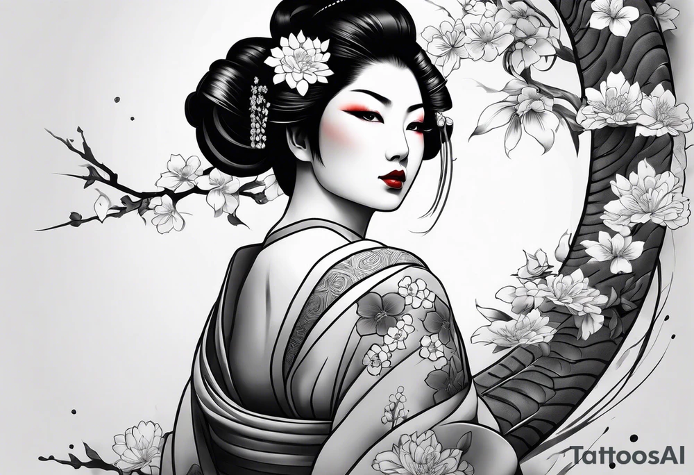 High contrast black and grey Japanese full arm tattoo, geisha on upper arm and snake with flowers going down the forearm imagine tattoo idea
