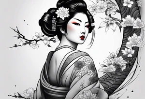 High contrast black and grey Japanese full arm tattoo, geisha on upper arm and snake with flowers going down the forearm imagine tattoo idea