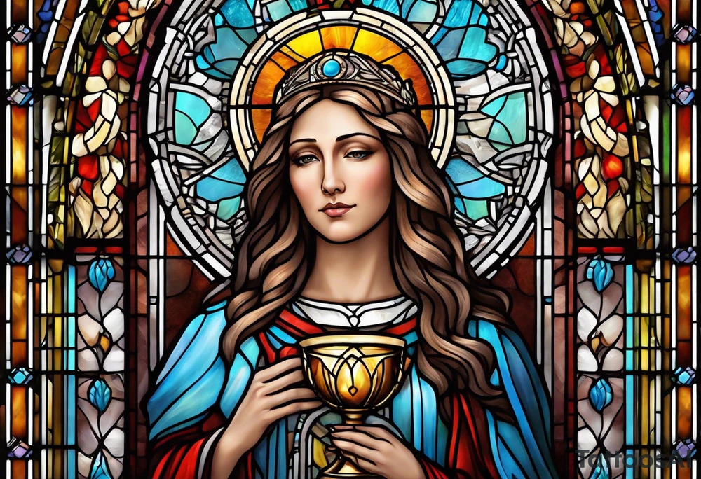holy saint woman with halo stained glass holding a chalice tattoo idea