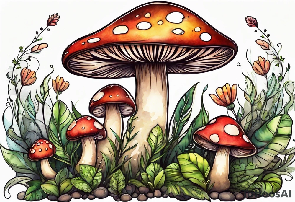 Happy mushroom surrounded by smaller plants tattoo idea