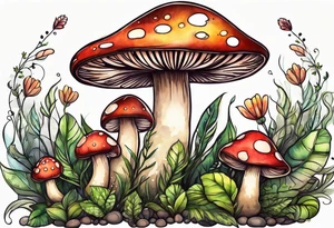 Happy mushroom surrounded by smaller plants tattoo idea