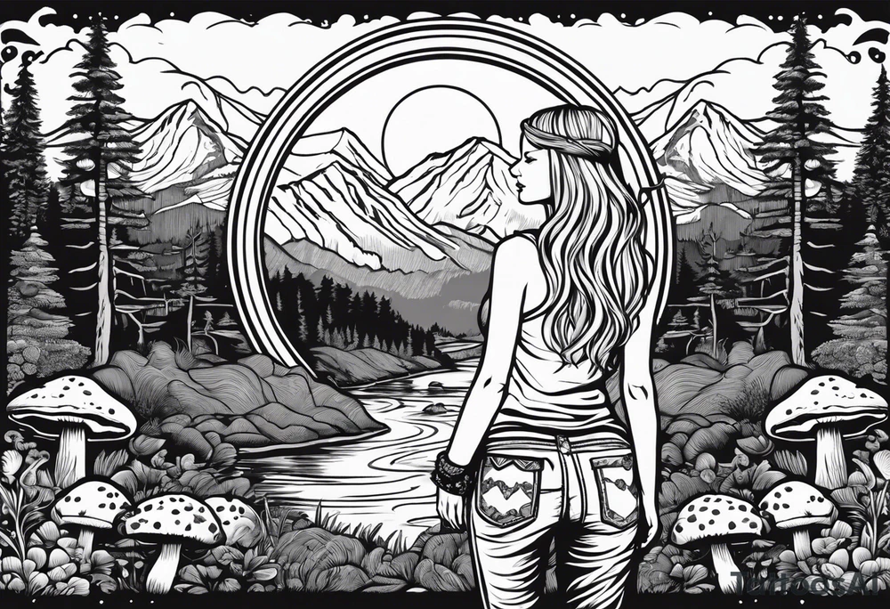 Whole picture encircled fully

Straight long blonde hair hippie girl in distance holding mushrooms in hand facing away toward mountains and creek surrounded by mushrooms tee shirt and hiking pants; whole rendering within a full circle, no cut off circle tattoo idea