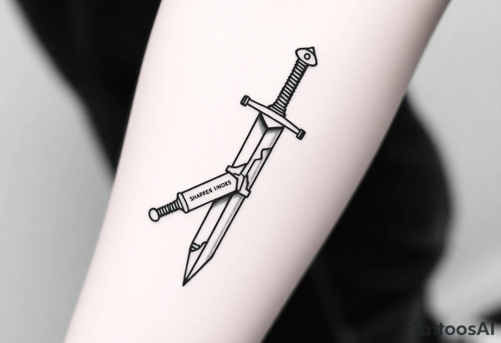 Black and white tattoo sketch of a sword cracked in the middle but reforged with glowing seams. The words “Iron Sharpens Iron” etched into the hilt. Bold lines, no shading, forearm tattoo. tattoo idea