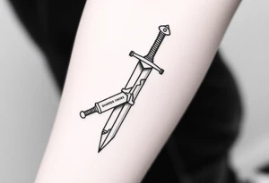 Black and white tattoo sketch of a sword cracked in the middle but reforged with glowing seams. The words “Iron Sharpens Iron” etched into the hilt. Bold lines, no shading, forearm tattoo. tattoo idea