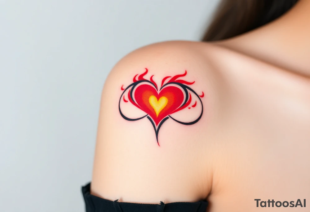 A fiery infinity symbol with a glowing red heart in the center tattoo idea
