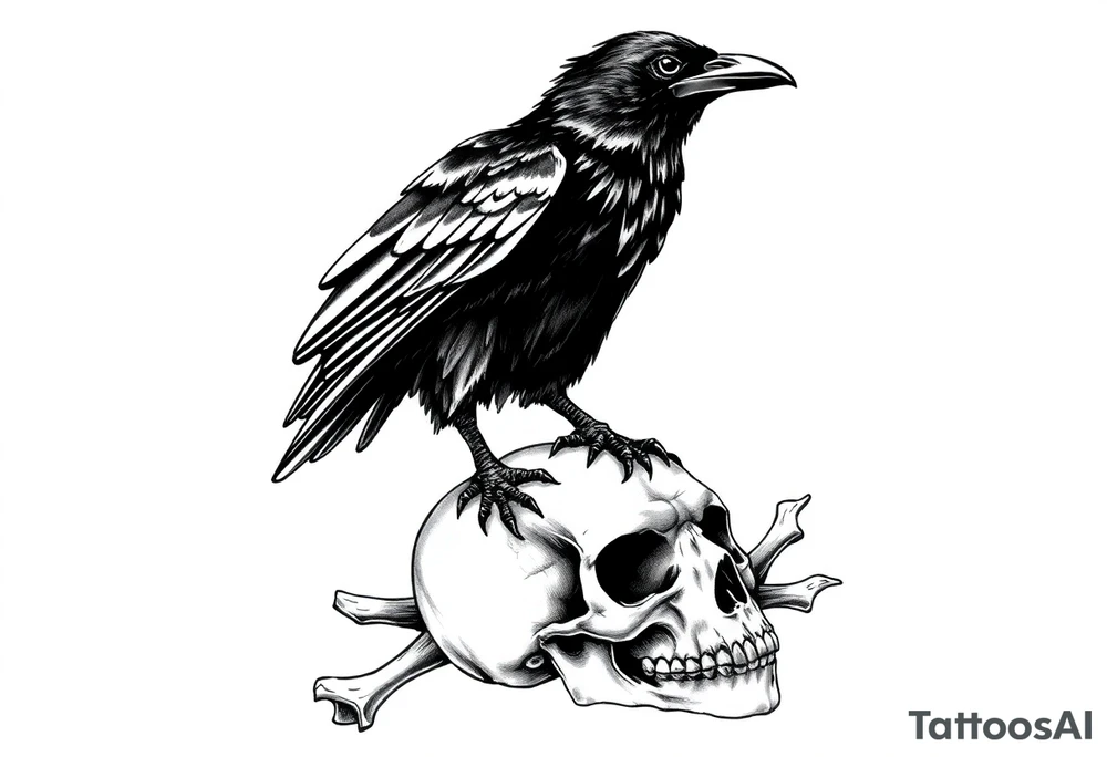 a raven stands on a skull,bones. tattoo idea