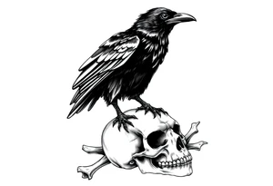 a raven stands on a skull,bones. tattoo idea