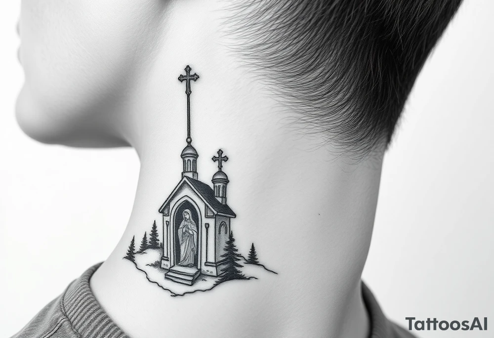 russian design traditional christian orthodox cross with a virgin mary stood beside the entrance of a russian orthodox dome church on the side of the neck in a wilderness setting with the design spread out the side of the neck tattoo idea