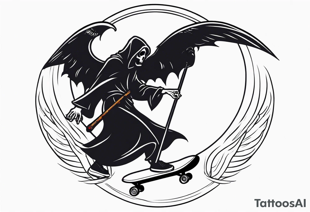 the grim reaper riding a skateboard with an angel halo above his head tattoo idea