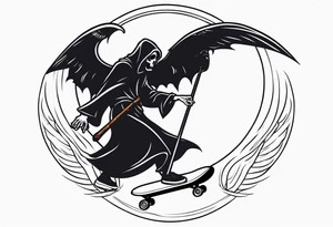 the grim reaper riding a skateboard with an angel halo above his head tattoo idea