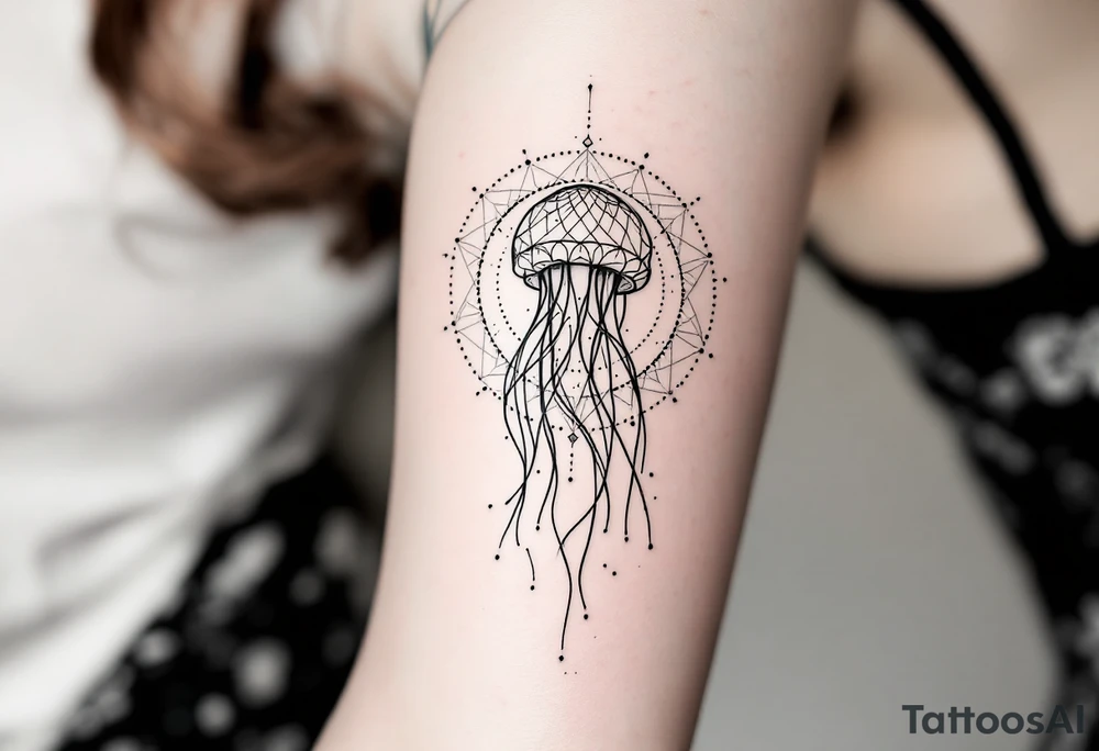 minimal fine-line tattoo, single jellyfish, sacred geometry surround, dotwork patterns, jellyfish bell dome, flowing tentacles, trailing streamers, geometric mandala, radiating dotwork, minimalist design, black grey lines, soft shading, no outlines, geometric frame, organic jellyfish form, upper arm shoulder placement, light airy feel, delicate linework, geometric backdrop, clean lines, radiating patterns, simple jellyfish centerpiece, minimalist, psychedelic, not symmetrical tattoo idea