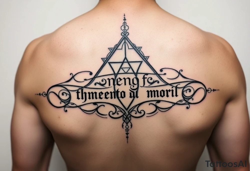 Can you please design a tattoo of an ambigram combining the phrase “memento mori” and “this shall pass” tattoo idea