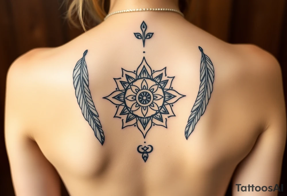 shaman symbols and mandalas and feathers wicca witch spiritual and sami culture big whole back tattoo idea