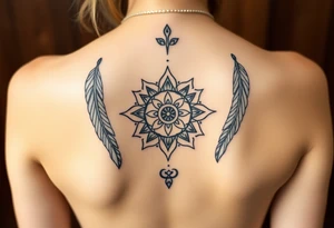 shaman symbols and mandalas and feathers wicca witch spiritual and sami culture big whole back tattoo idea