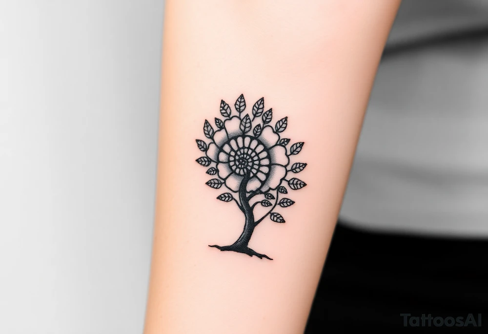 Fibonacci spiral shell on side of base of tree full of lots of leaves tattoo idea