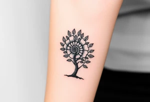 Fibonacci spiral shell on side of base of tree full of lots of leaves tattoo idea