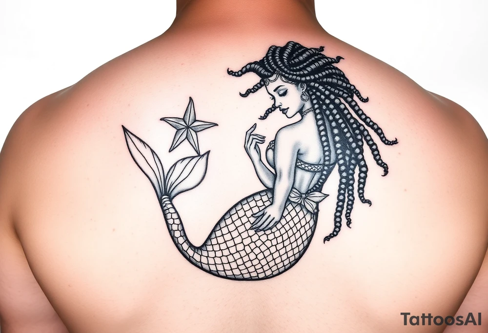 black woman mermaid with locs holding a starfish, floating majestical tattoo idea