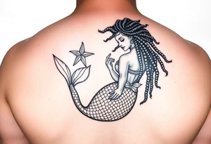 black woman mermaid with locs holding a starfish, floating majestical tattoo idea