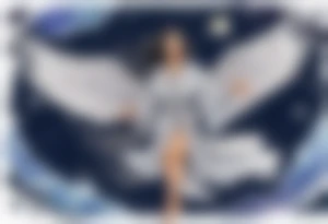 a beautiful 55 year old Dakota woman wearing a silver robe, flying in the night sky with raven wings, bare feet tattoo idea