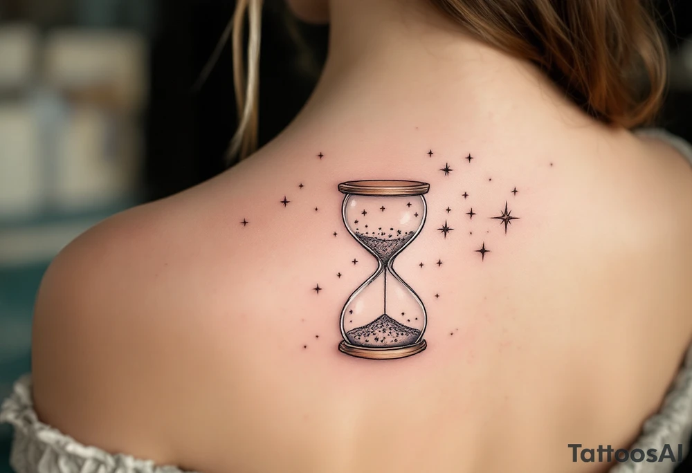 A delicate, floating hourglass with sand turning into tiny stars tattoo idea