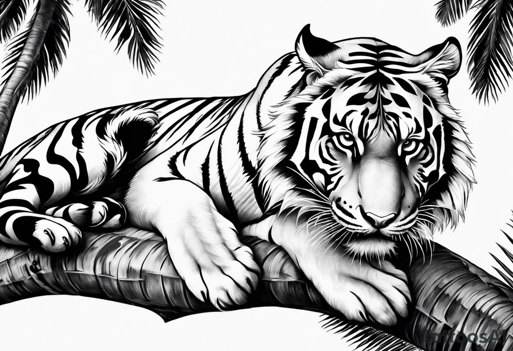 tiger laying on palm tree tattoo idea
