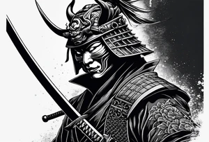 samurai with a hannya mask that covers half of his face who is in a slightly tilted posture holding a katana in an attack position tattoo idea