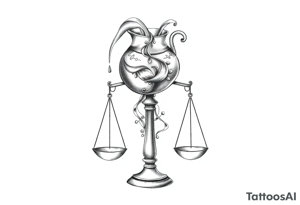 I want a tattoo that combines the Aquarius water bearer and the Libra scales. The water should flow elegantly from the jug, merging onto and balancing the scales below. The water show be pouring out and down on to the scales tattoo idea
