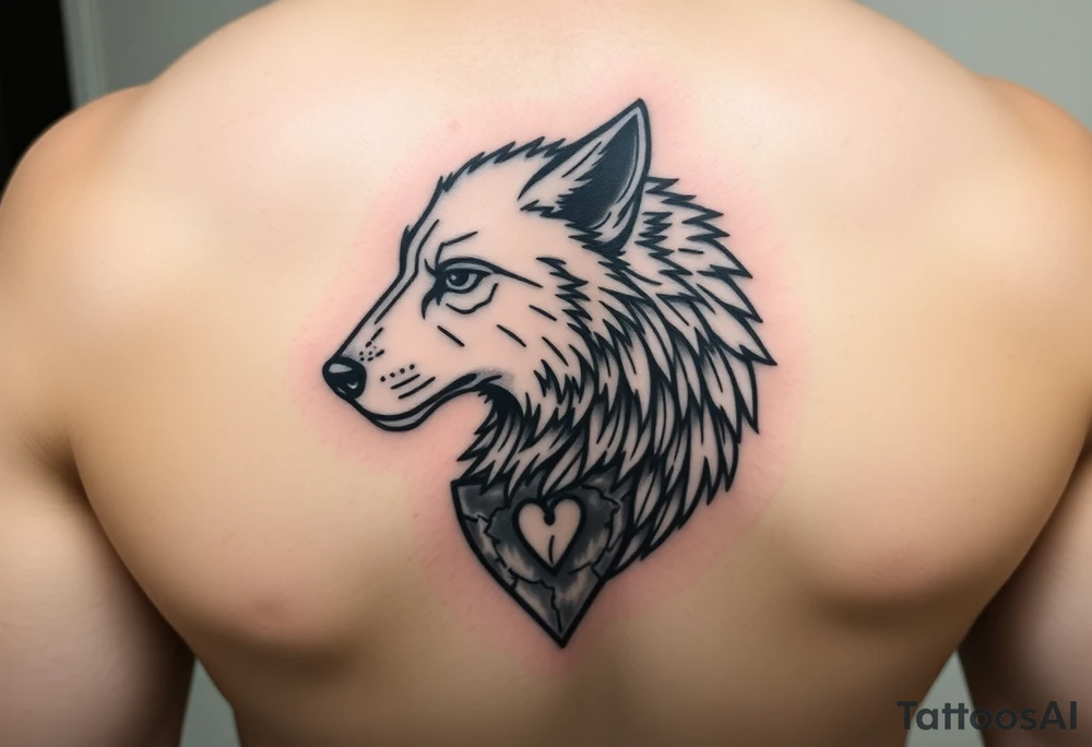 A powerful, masculine tattoo of a lone wolf’s head in profile, fierce but calm, with a subtle glint of sadness in its eye. Behind the wolf is a cracked and battle-worn shield symbolizing struggles and anxiety. On the shield is a small, subtle heart or flame engraving representing hidden love and passion. The design features sharp, detailed linework emphasizing fur texture and shield cracks. Style is bold blackwork with minimal shading, focusing on strength, resilience, and quiet emotion. tattoo idea
