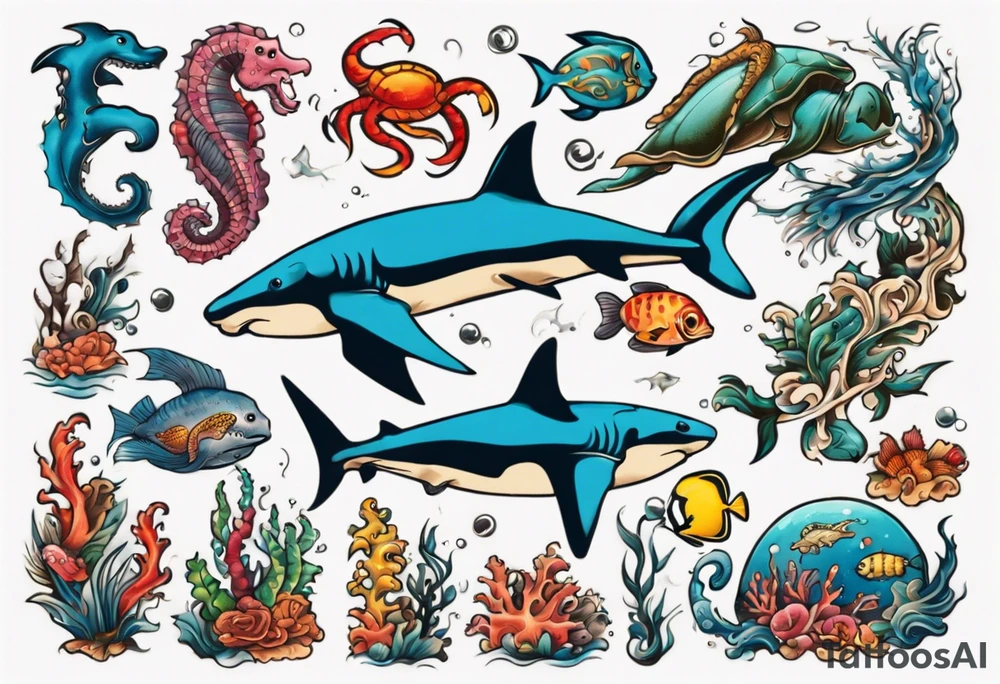 An arm sleeve of an aquatic scene of sea animals, including a hammerhead shark, a turtle, an octopus, a seahorse, and colorful fish tattoo idea
