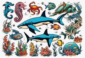 An arm sleeve of an aquatic scene of sea animals, including a hammerhead shark, a turtle, an octopus, a seahorse, and colorful fish tattoo idea
