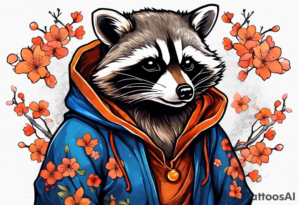 raccoon wearing a Superman hoodie with orange Japanese cherry blossoms tattoo idea