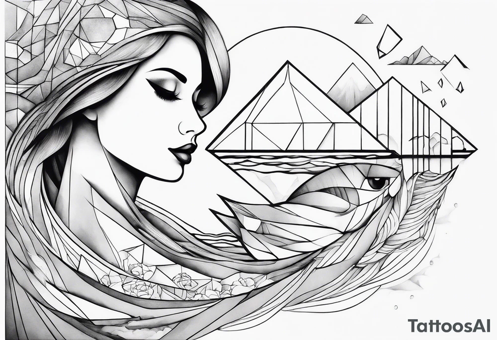 geometric lady iceberg with a man swimming tattoo idea