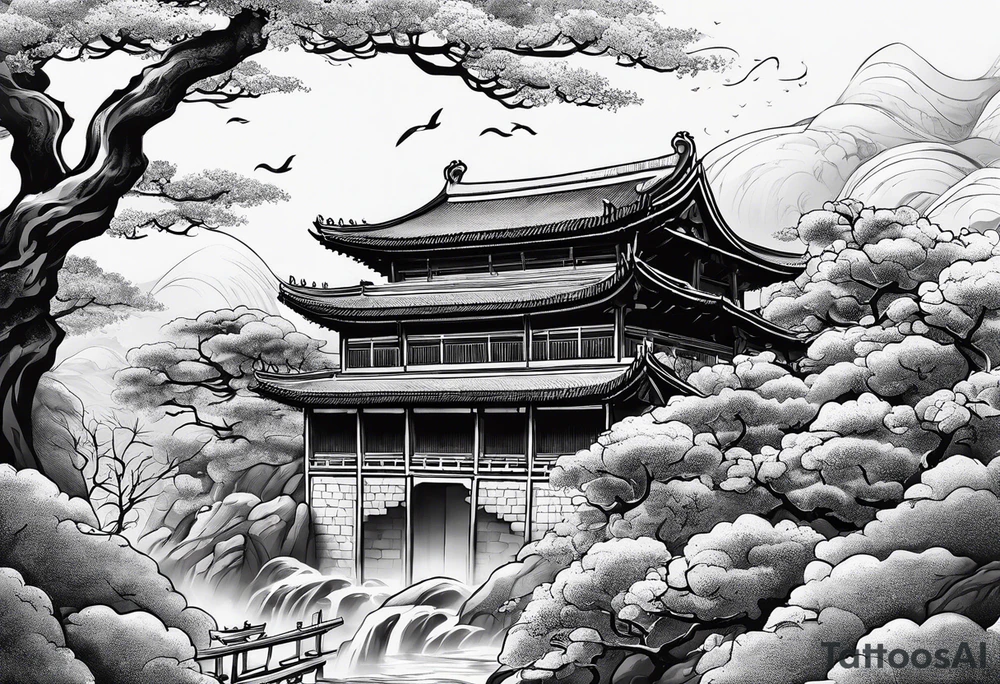 Chinesischer see mit der Mauer im hintergrund und verschiedenen Tieren tattoo idea