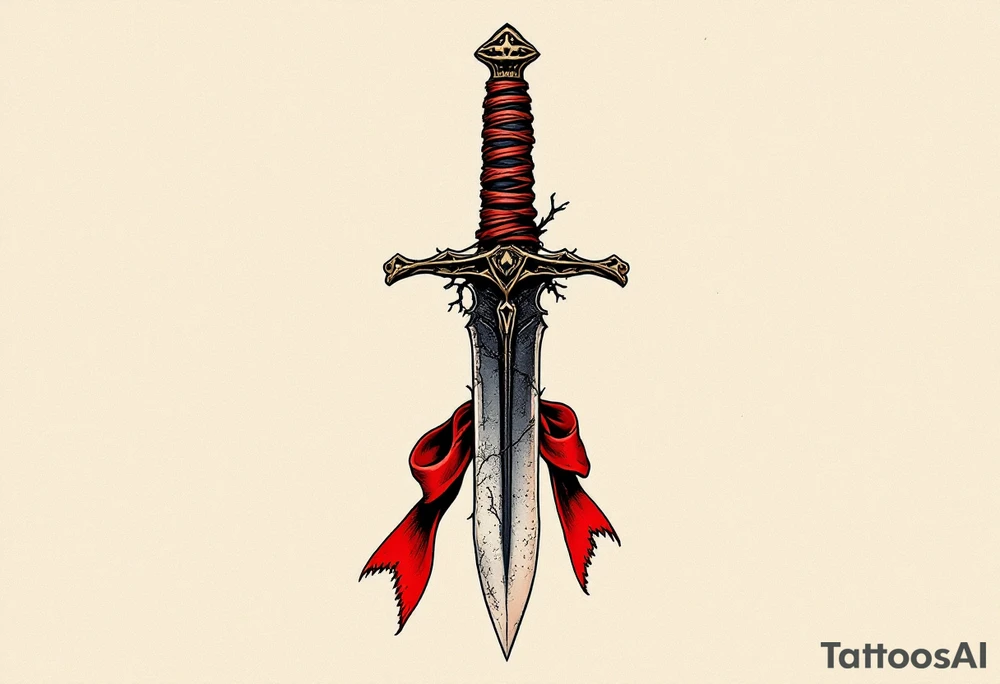 A weathered steel dagger with a twisted obsidian blade, wrapped in aged leather at the hilt, and a single crimson ribbon tied beneath the guard, symbolizing vengeance and loyalty. tattoo idea
